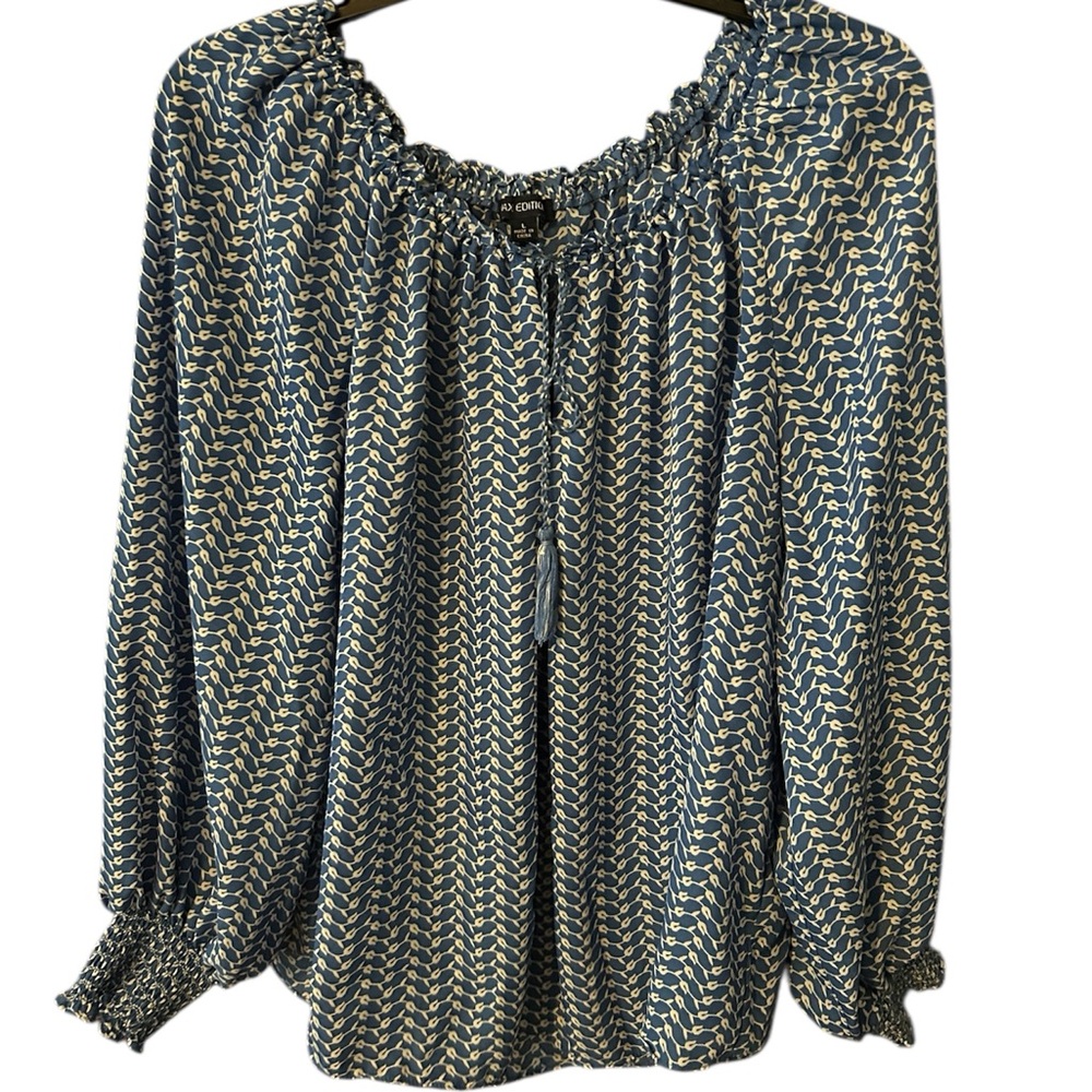 Max Studio Blue and White Cuffed Sleeve Blouse